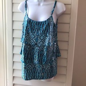 INC strappy top, blue print w/sequins! Size L